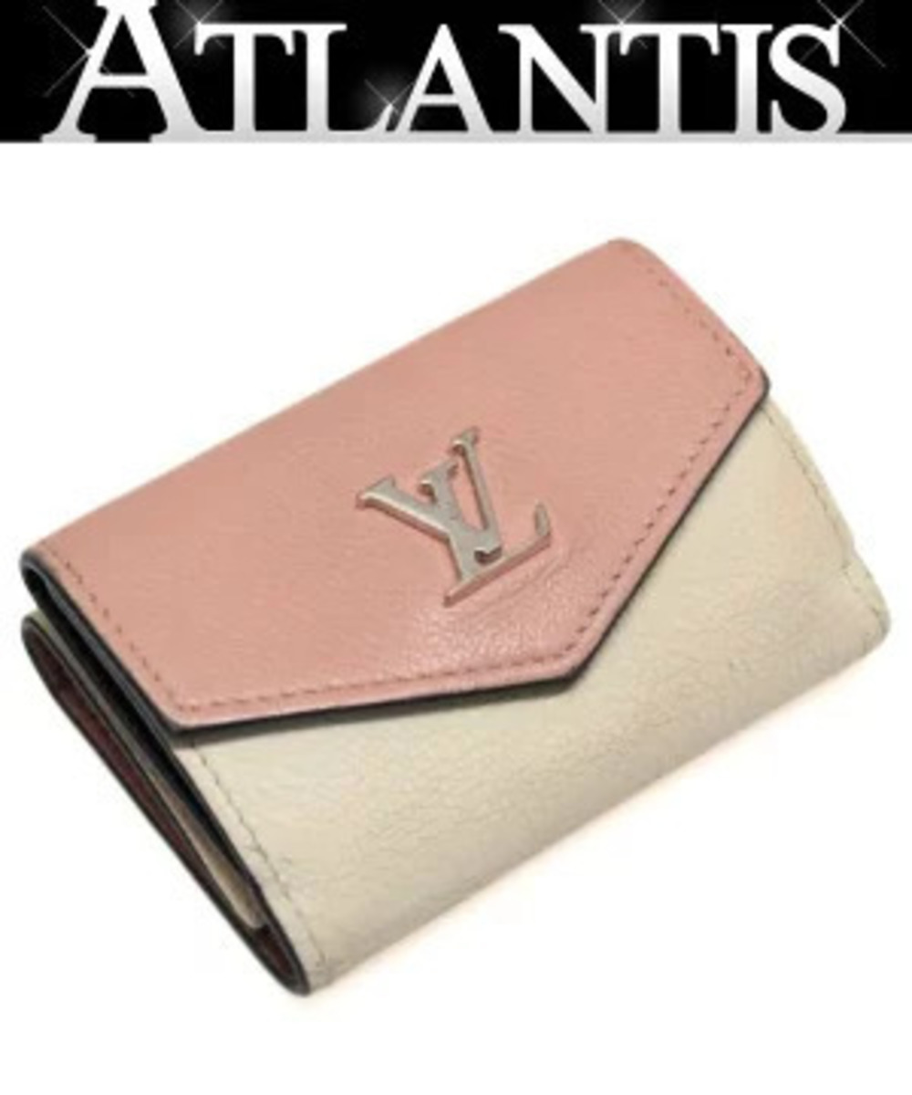 Louis Vuitton Portefeuille Lock Tri fold Wallet Compact Leather Pink Beige Cream